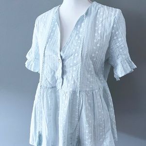 Peplum Short Sleeve Light Blue Eyelet Dot Top with Tassels